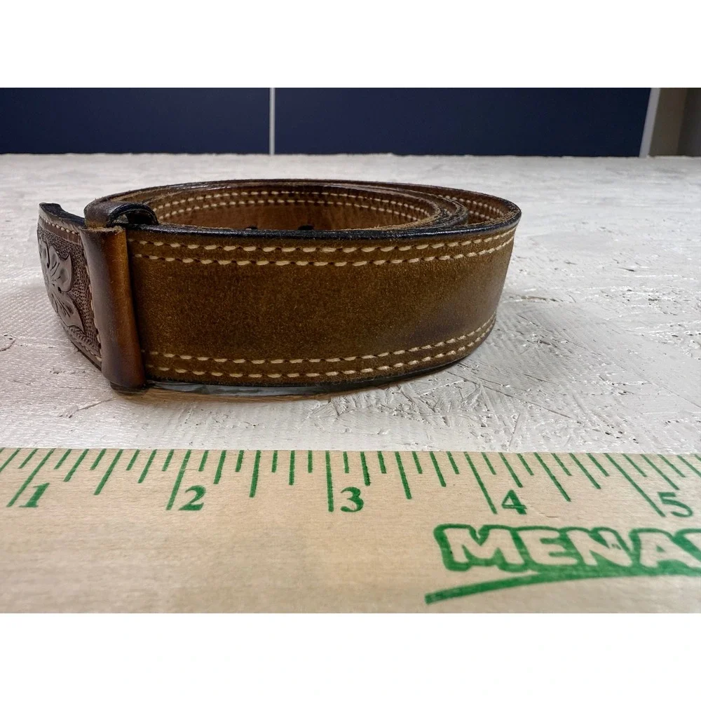 Men's Western‎ Tooled Leather Belt Floral Design Brown Suede Lined